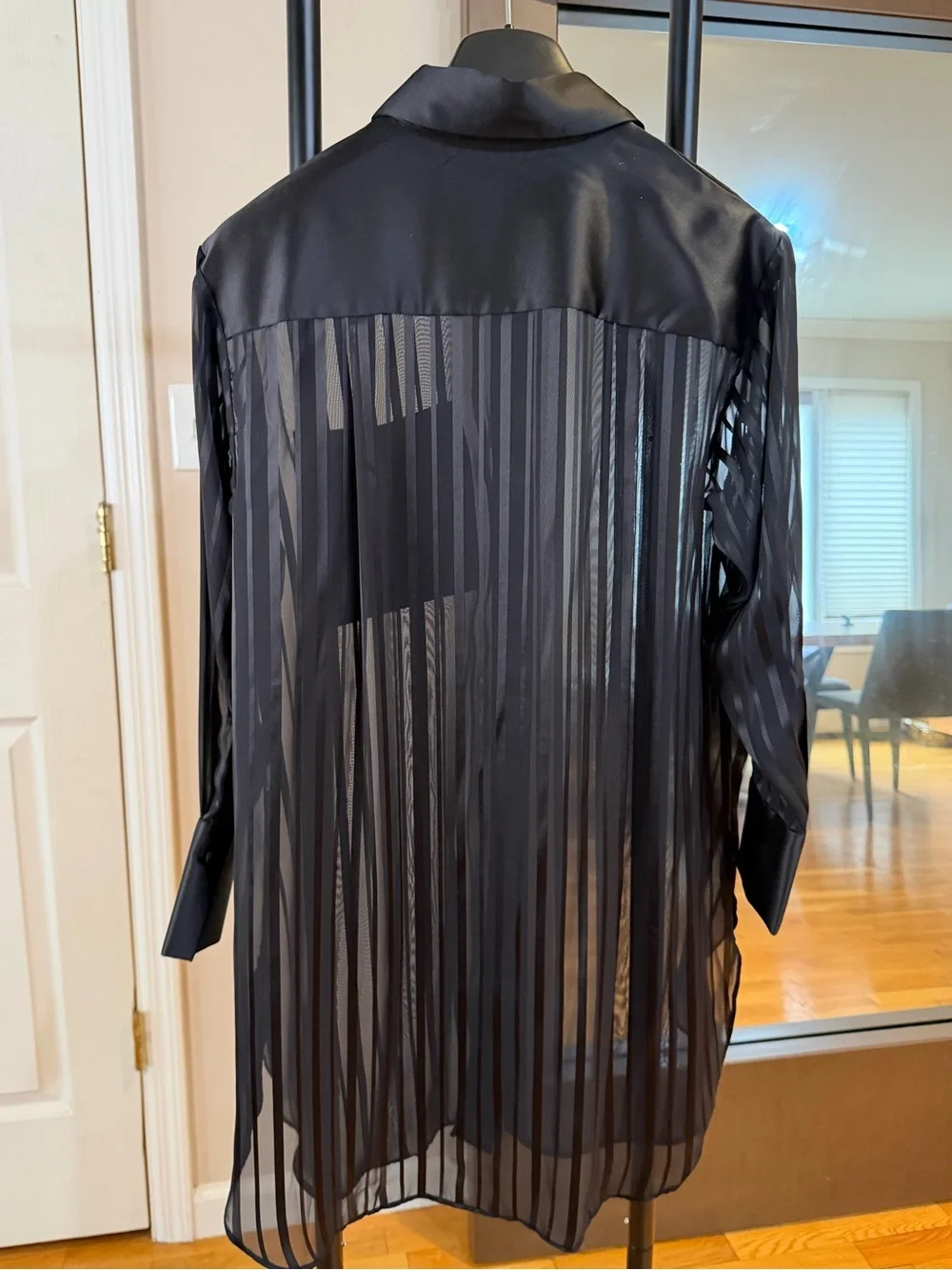 Zara Black Sheer Striped Button-Down Blouse *NWOT